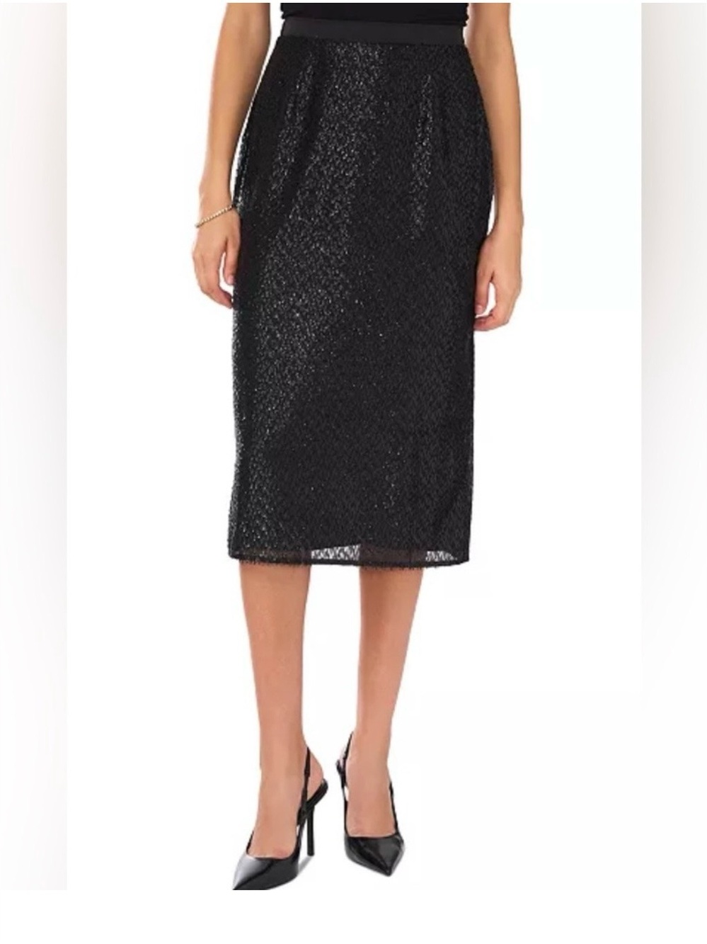 1. State Black Shiny Fringe Pencil Skirt Size 14 Waist 16”-18” NWT